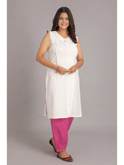 Suti - Women Cotton Linen Sleeveless Straight Kurta And Pant - White (Set of 2)