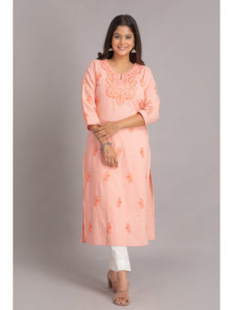 Suti - Women Cotton Embroidery Work Kurta - Peach