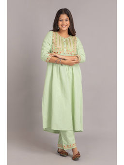 Suti - Women Rayon A Line Embroidery Work Kurta And Pant - Red Green (Set of 2)