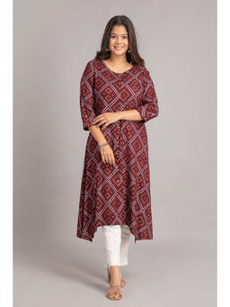 Suti - Women Rayon Bandhej Print A Line Long Kurta - Maroon