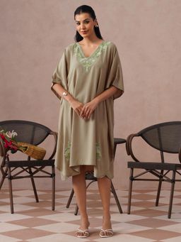 Kashmir Box - Women Embroidered Grey Rayon V-Neck Kaftan Dress