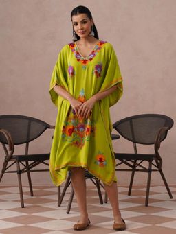 Kashmir Box - Women Embroidered Green Rayon V-Neck Kaftan Dress