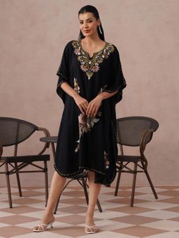 Kashmir Box - Women Embroidered Black Rayon V-Neck Kaftan Dress