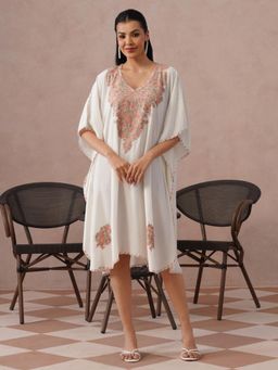 Kashmir Box - Women Embroidered White Rayon V-Neck Kaftan Dress
