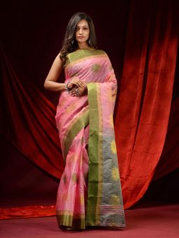 CHARUKRITI - Blush Pink Tusser Silk Woven Floral Motifs & Paisley Borders Saree