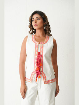 Keva Clothing - Women White Pure Cotton Embroidered Jacket