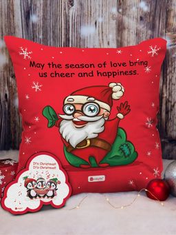 Indigifts - Micro Satin, Fibre Christmas Wishes Printed Cushion Cover inches with Filler, Red