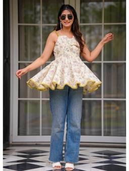 Kedar Fab - Women Cotton Blend Floral Beige Tunic