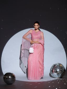 Swtantra - Pink Sparkle Organza Saree with Beaded Lace without Blouse