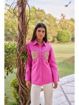 By The Bay - Women Cotton White Embroidered Regular Fit Summer Pink Shirt
