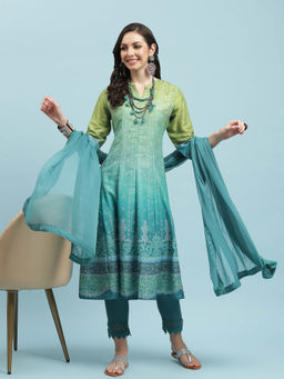 Shree - Women Samaira Silk Green Ornamental Printed Kurta Trouser Dupatta (Set Of 3)