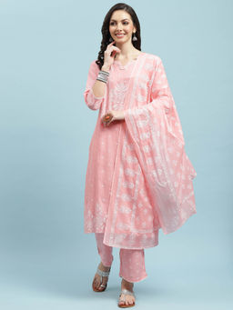 Shree - Women Rayon Pink Ornamental Printed Kurta Comfort Pant Dupatta (Set Of 3)