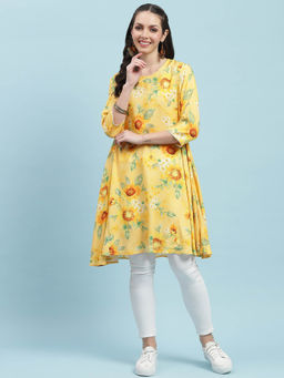 Shree - Women Rayon Yellow Floral Printed Kurta