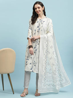 Shree - Women Muslin Off White Floral Printed Kurta Trouser Dupatta (Set Of 3)