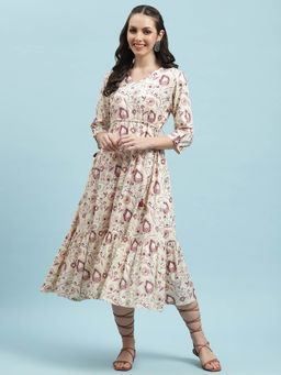 Shree - Women Rayon Off White & Pink Floral Printed Dress