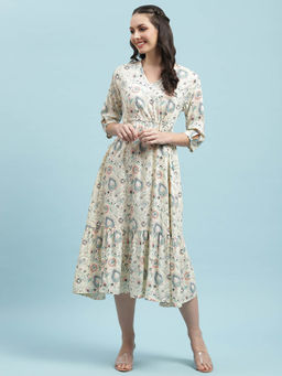 Shree - Women Rayon Off White And Turquoise Floral Printed Dress