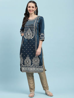Shree - Women Poly Viscose Blue Ornamental Printed Kurta