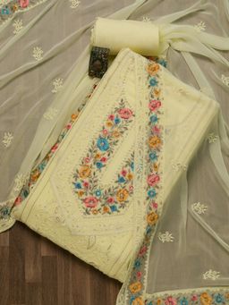 Koskii - Lemon Yellow Thread work Georgette Unstitched Salwar Suit (Set of 3)