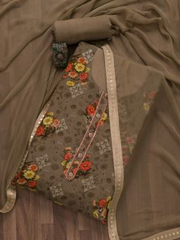 Koskii - Brown Printed Semi Crepe Semi Stitched Salwar Suit (Set of 3)