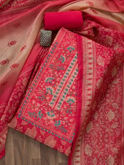 Koskii - Red Threadwork Chanderi Unstitched Salwar Suit (Set of 3)