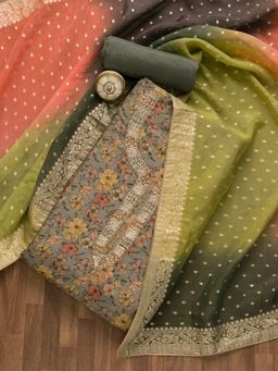 Koskii - Grey Printed Organza Unstitched Salwar Suit (Set of 3)