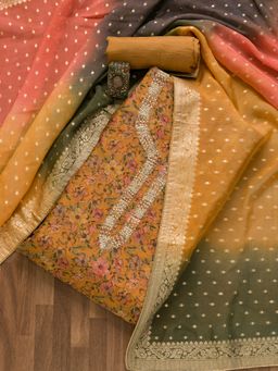 Koskii - Mustard Printed Organza Unstitched Salwar Suit (Set of 3)