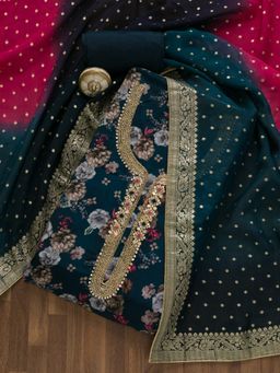 Koskii - Peacock Teal Blue Printed Tissue Unstitched Salwar Suit (Set of 3)