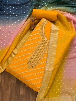 Koskii - Mustard Cutdana Chanderi Unstitched Salwar Suit (Set of 3)