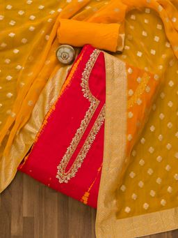 Koskii - Red Cutdana Soft Silk Unstitched Salwar Suit (Set of 3)