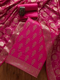 Koskii - Rani Pink Zari work Banarasi Unstitched Salwar Suit (Set of 3) (Set of Three)