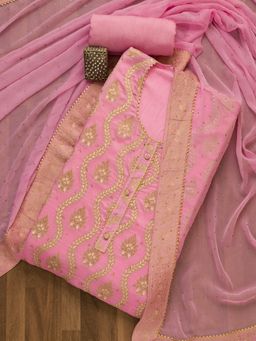 Koskii - Pink Zari work Silk Unstitched Salwar Suit (Set of 3) (Set of Three)