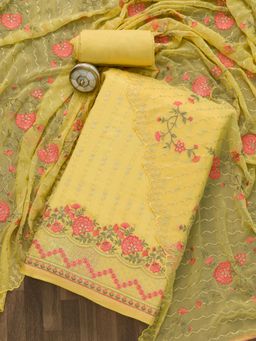 Koskii - Yellow Threadwork Chiffon Unstitched Salwar Suit (Set of 3) (Set of Three)