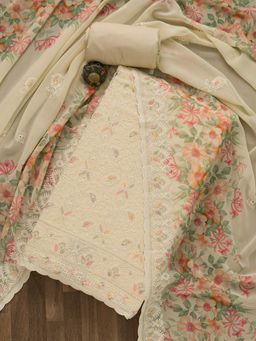 Koskii - Beige Threadwork Georgette Unstitched Salwar Suit (Set of 3) (Set of Three)