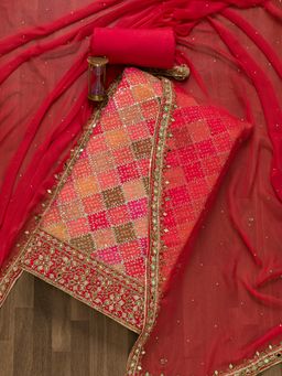 Koskii - Pink Mirrorwork Georgette Unstitched Salwar Suit (Set of 3) (Set of Three)