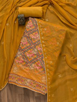 Koskii - Mustard Printed Soft Silk Unstitched Salwar Suit (Set of 3) (Set of Three)