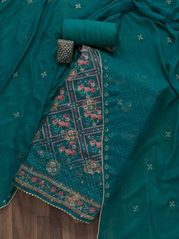 Koskii - Peacock Teal Blue Printed Soft Silk Unstitched Salwar Suit (Set of 3) (Set of Three)