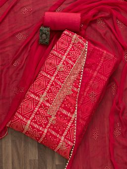 Koskii - Red Bandhani Semi Crepe Unstitched Salwar Suit (Set of 3) (Set of Three)