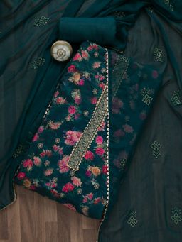 Koskii - Peacock Teal Blue Printed Soft Silk Unstitched Salwar Suit (Set of 3) (Set of Three)