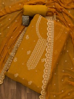 Koskii - Mustard Threadwork Semi Crepe Unstitched Salwar Suit (Set of 3) (Set of Three)