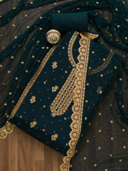 Koskii - Navy Blue Threadwork Semi Crepe Unstitched Salwar Suit (Set of 3) (Set of Three)