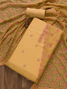 Koskii - Brown Threadwork Organza Unstitched Salwar Suit (Set of 3) (Set of Three)