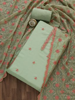 Koskii - Pista Green Threadwork Organza Unstitched Salwar Suit (Set of 3) (Set of Three)