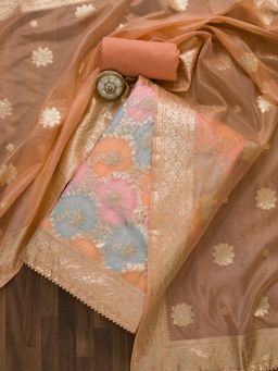 Koskii - Peach Zari work Banarasi Silk Unstitched Salwar Suit (Set of 3) (Set of Three)