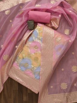 Koskii - Pink Zari work Banarasi Silk Unstitched Salwar Suit (Set of 3) (Set of Three)