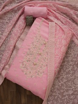 Koskii - Pink Threadwork Organza Unstitched Salwar Suit (Set of 3) (Set of Three)