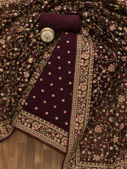 Koskii - Wine Threadwork Organza Unstitched Salwar Suit (Set of 3) (Set of Three)