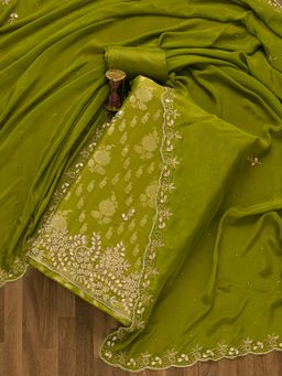Koskii - Mehendi Green Stonework Brocade Unstitched Salwar Suit (Set of 3) (Set of Three)