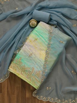 Koskii - Grey Stonework Organza Unstitched Salwar Suit (Set of 3) (Set of Three)