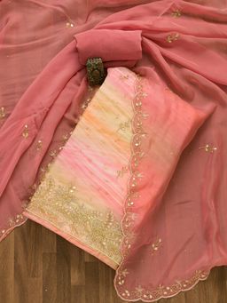Koskii - Pink Stonework Organza Unstitched Salwar Suit (Set of 3) (Set of Three)