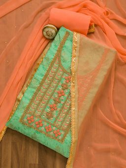 Koskii - Sea Green Pearl work Poly Chanderi Unstitched Salwar Suit (Set of 3) (Set of Three)